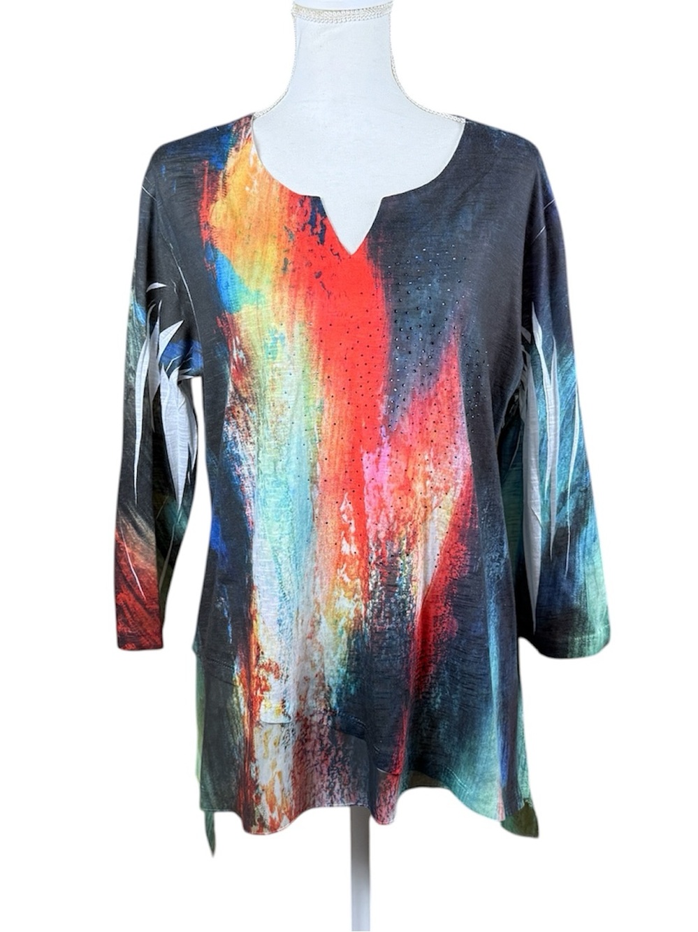 Jess & Jane Passion Chiffon Contrast Tunic 3/4 Sleeve High Low Hem Size Large